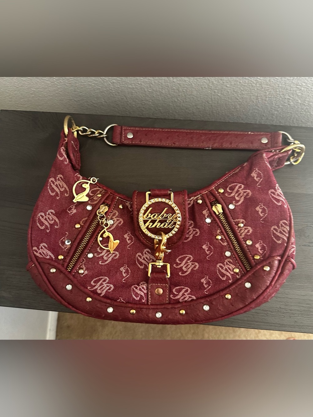 Y2K•Baby Phat Signature Ostrich Embossed Faux Leather Hobo Shoulder Bag. - Picture 3 of 15